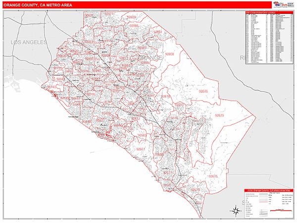 Orange County Metro Area Digital Map Red Line Style